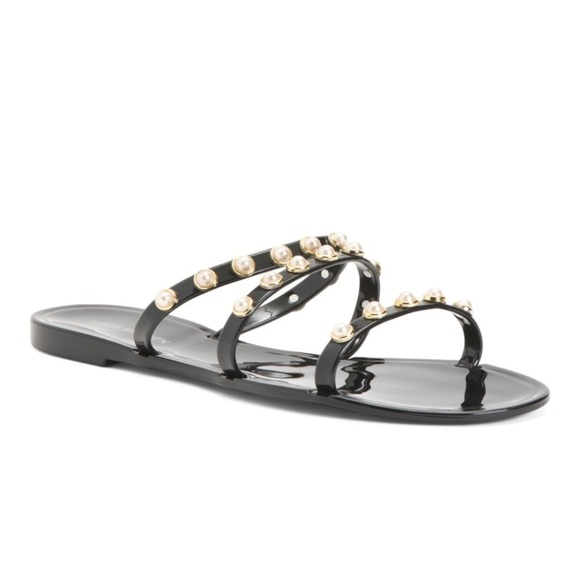 Steve Madden New Size 7 Yalsa Black Pearl Embellishment Jelly Flat Sandals - Picture 1 of 4